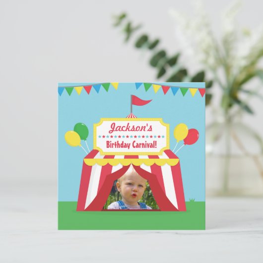 カーニバルをテーマにした子供の誕生日パーティー写真 招待状 (スタンド正面)