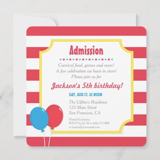 カーニバルカラフルをテーマにした子供の誕生日パーティー 招待状 (裏面)