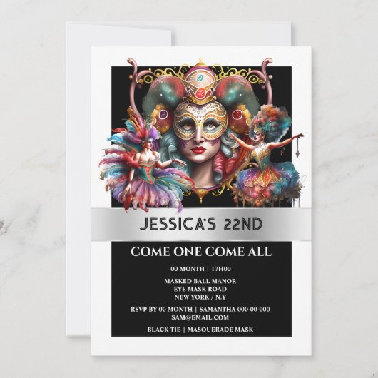 カーニバルカラフルフェスティバルショーガールズフェザーマスク 招待状 (正面)