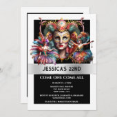 カーニバルカラフルフェスティバルショーガールズフェザーマスク 招待状 (正面/裏面)