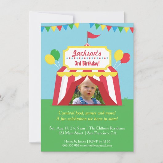 カーニバルカラフル子供の誕生日パーティー写真 招待状 (正面)