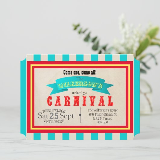 カーニバルクラシックテーマパーティヴィンテージスタイルストライプ 招待状 (スタンド正面)