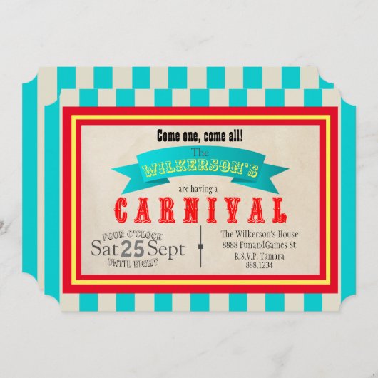 カーニバルクラシックテーマパーティヴィンテージスタイルストライプ 招待状 (正面/裏面)