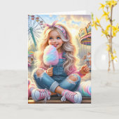 カーニバルコットンキャンディ付き少女 カード (黄色い花)