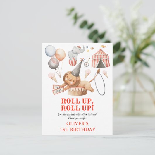 カーニバルサーカスキッズ1st誕生日パーティの招待状 ポストカード (スタンド正面)