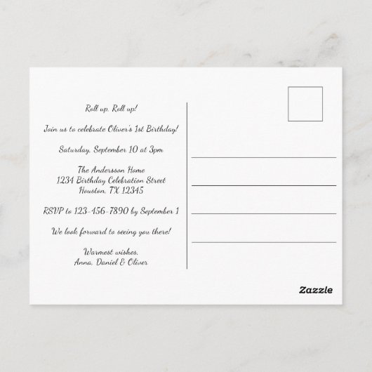 カーニバルサーカスキッズ1st誕生日パーティの招待状 ポストカード (裏面)