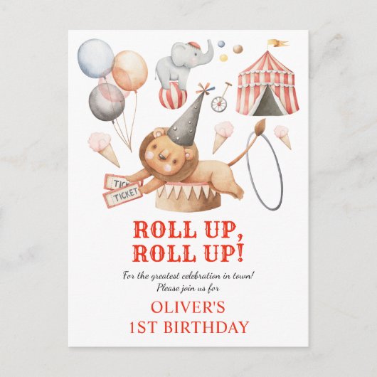 カーニバルサーカスキッズ1st誕生日パーティの招待状 ポストカード (正面)