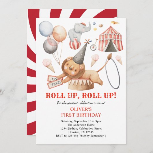 カーニバルサーカスキッズ1st誕生日パーティの招待状 招待状 (正面/裏面)