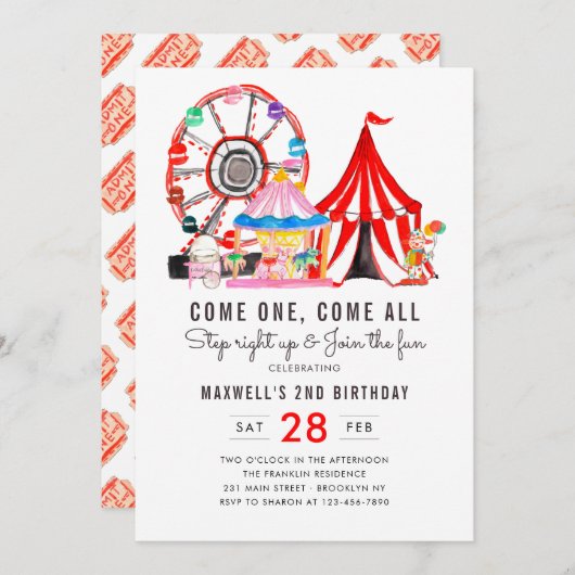 カーニバルサーカスショー参加おもしろいキッド誕生日 招待状 (正面/裏面)