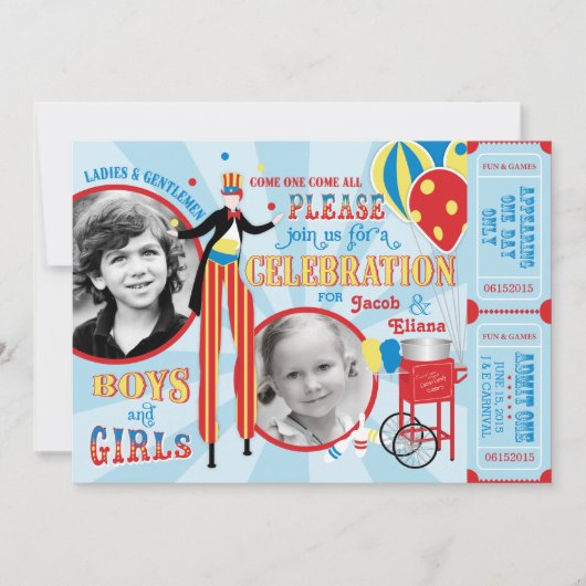 カーニバルサーカスジャグリングスティルトウォーカーズ誕生日 招待状 (正面)