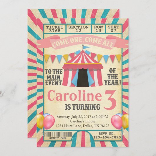 カーニバルサーカスチケット誕生日パーティーの招待 招待状 (正面/裏面)