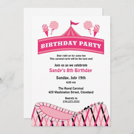 カーニバルサーカスバースデーパーティーフラット招待状 招待状 (正面/裏面)