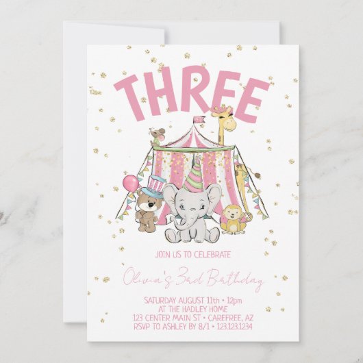 カーニバルサーカスピンク3歳の誕生日 招待状 (正面)