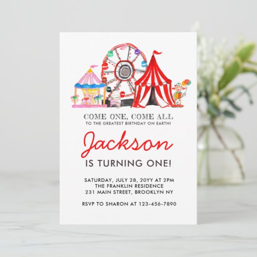 カーニバルサーカスフェアパーティーキッド誕生日招待状 招待状 (スタンド正面)