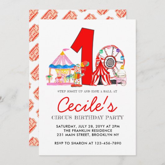 カーニバルサーカスフェアパーティーキッド1st誕生日 招待状 (正面/裏面)