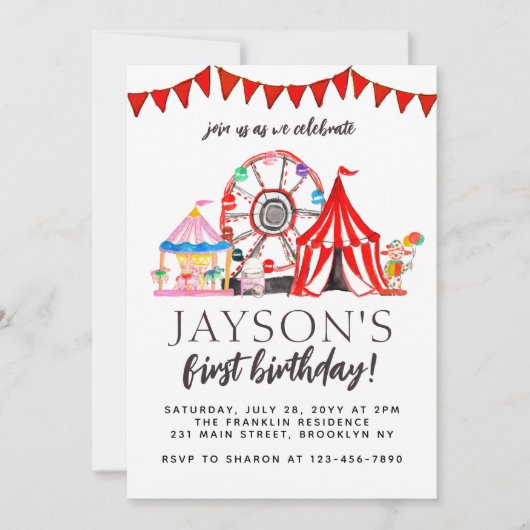 カーニバルサーカスフェアフェリスホイールパーティー誕生日 招待状 (正面)