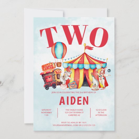 カーニバルサーカスフェスティバルキッドの2歳の誕生日 招待状 (正面)