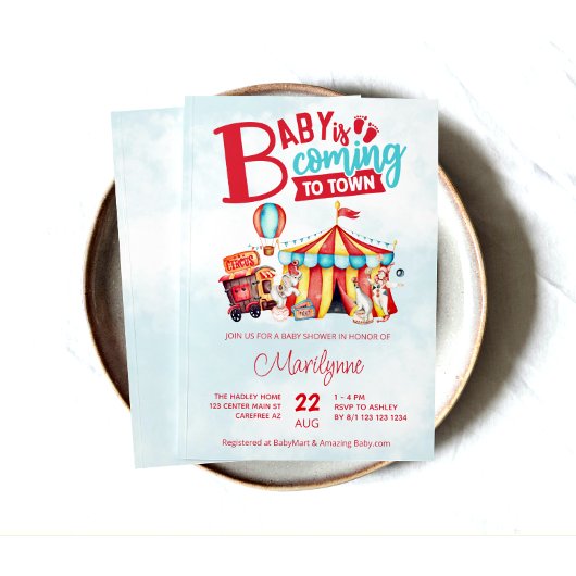 カーニバルサーカスブルーベビーシャワー 招待状