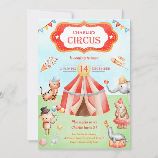 カーニバルサーカス動物子供の誕生日パーティー 招待状 (正面)