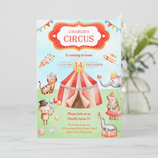 カーニバルサーカス動物子供の誕生日パーティー 招待状 (スタンド正面)