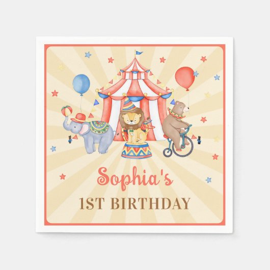 カーニバルサーカス&動物フェスティバル誕生日 スタンダードカクテルナプキン (正面)