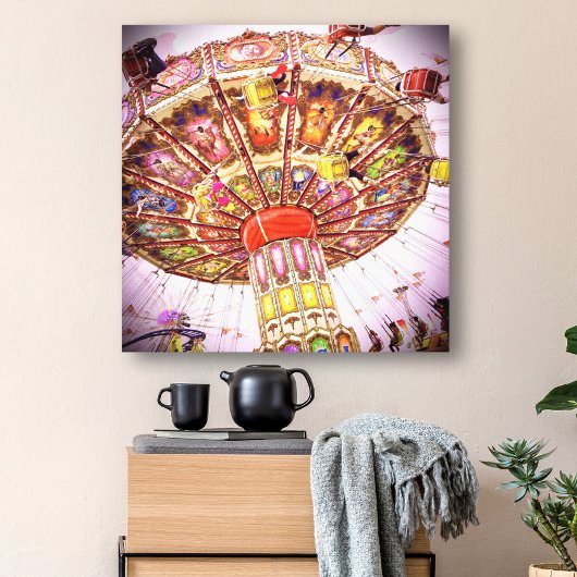 カーニバルスイングライドピンクの空のヴィンテージ写真レトロ キャンバスプリント