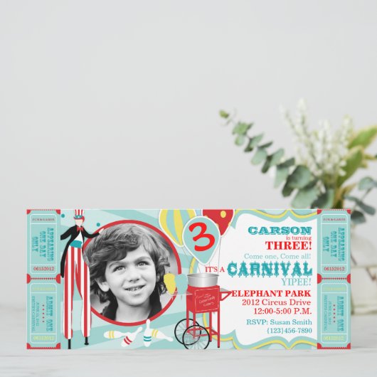 カーニバルスティルトウォーカー&コットンキャンディ誕生日 招待状 (スタンド正面)
