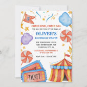 カーニバルチケット及びキャンディ子供の誕生日パーティー 招待状 (正面)