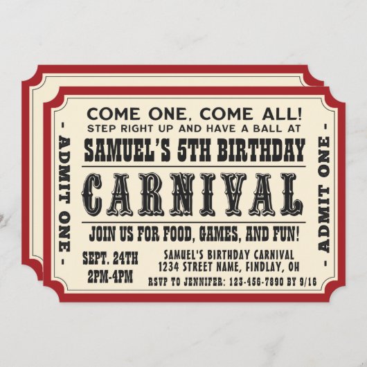 カーニバルチケット1つの誕生日パーティー、任意の年齢を認める 招待状 (正面/裏面)