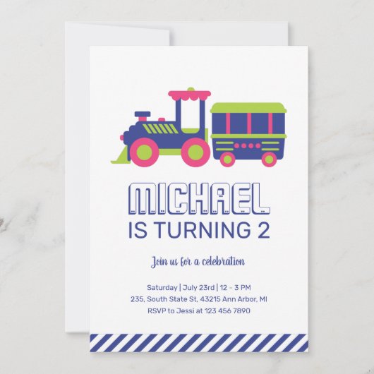 カーニバルトレインブルー&グリーンキッズボーイズ誕生日 招待状 (正面)