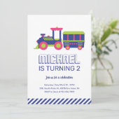 カーニバルトレインブルー&グリーンキッズボーイズ誕生日 招待状 (スタンド正面)