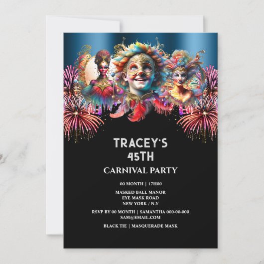 カーニバルナイトサーカス花火のマスカレード青 招待状 (正面)