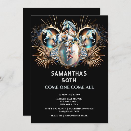 カーニバルナイトサーカス花火回転木馬誕生日 招待状 (正面/裏面)