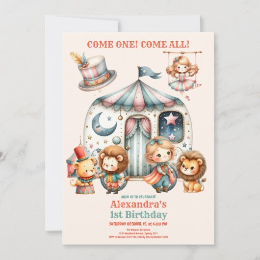 カーニバルパーティーピンクサーカスガール1st誕生日 招待状 (正面)