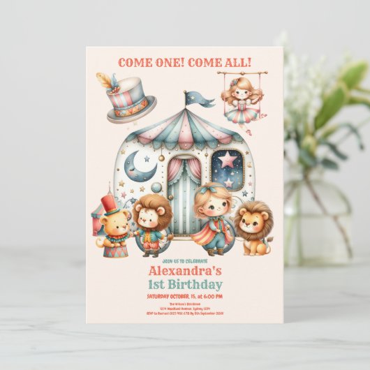 カーニバルパーティーピンクサーカスガール1st誕生日 招待状 (スタンド正面)