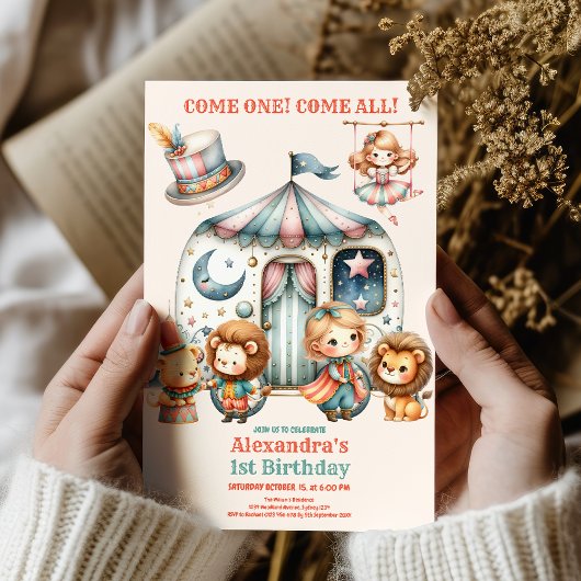 カーニバルパーティーピンクサーカスガール1st誕生日 招待状