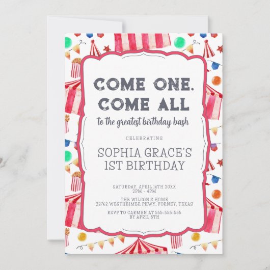 カーニバルパーティーピンクサーカスガール1st誕生日 招待状 (正面)