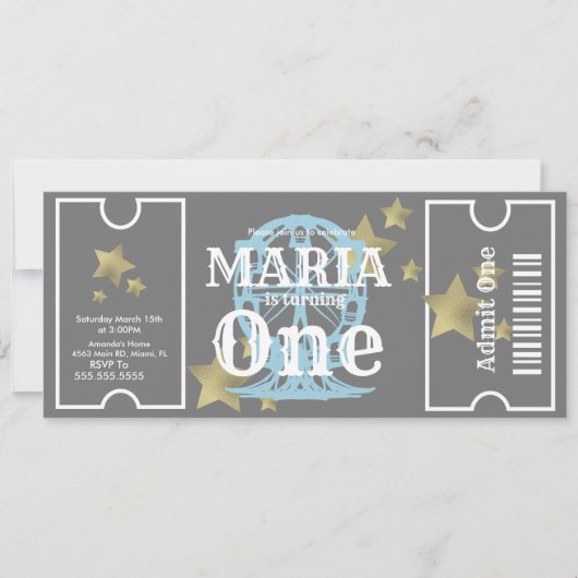 カーニバルフェリスホイール誕生日チケットパーティーグレー 招待状 (正面)