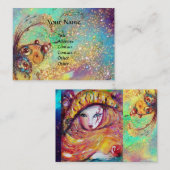 カーニバルマスクの黄色/青の緑の金ゴールドきらめき 名刺 (正面/裏面)