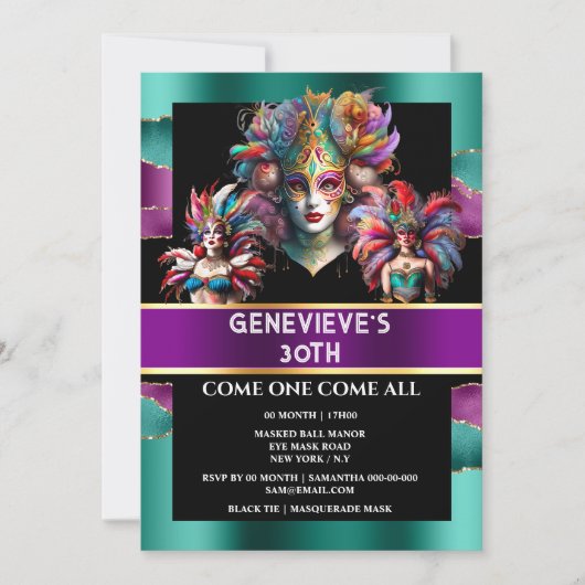 カーニバルマルディグラフェスティバル女性マスクの羽 招待状 (正面)