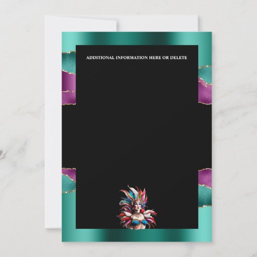 カーニバルマルディグラフェスティバル女性マスクの羽 招待状 (裏面)