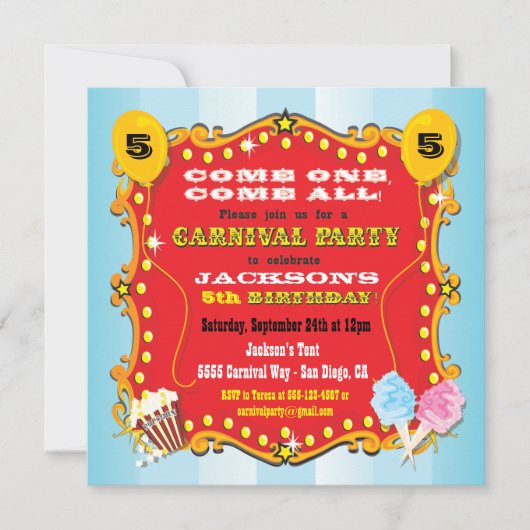 カーニバルマーキーバースデーパーティ招待状 招待状 (正面)