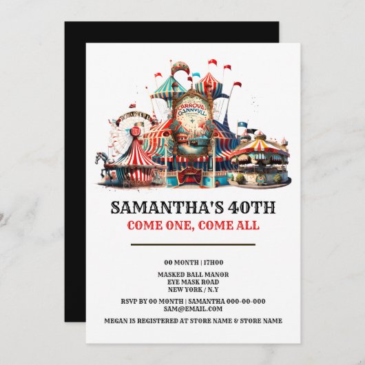 カーニバル誕生日レトロサーカステントキャリーホイール 招待状 (正面/裏面)