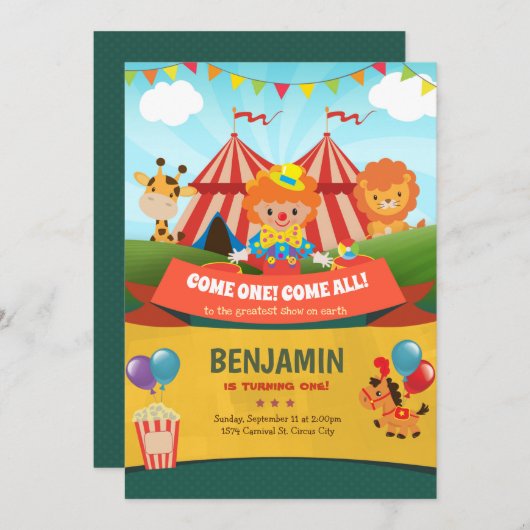 カーニバル誕生日招待状回路パーティー 招待状 (正面/裏面)