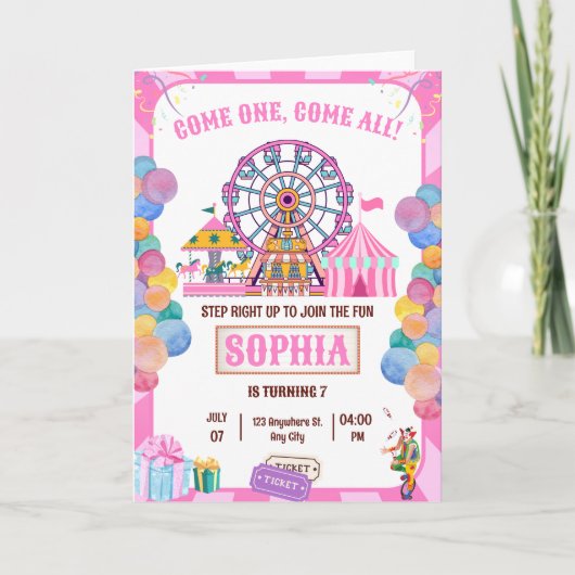 カーニバル誕生日招待状、サーカスガール誕生日 招待状 (正面)