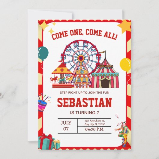 カーニバル誕生日招待状、サーカス誕生日 招待状 (正面)