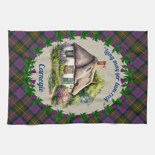カーネギーわらぶきコテージ&タータンチェック パーソナライズされた キッチンタオル (横)