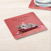 カーネーションが登場するかわいい1月ねこ スクエアペーパーコースター (アングル)