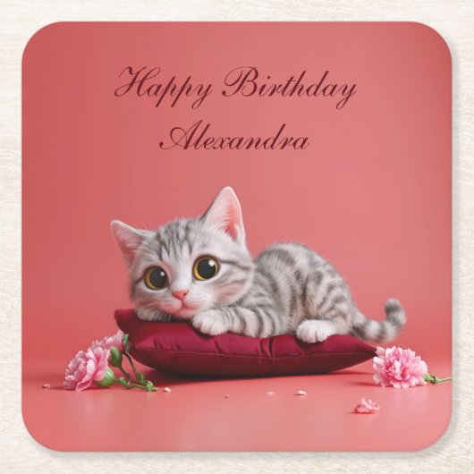 カーネーションが登場するかわいい1月ねこ スクエアペーパーコースター (正面)