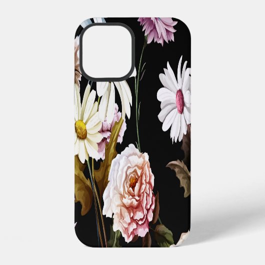 カーネーションとカモミールの花、黒の柄 iPhoneケース (裏面)